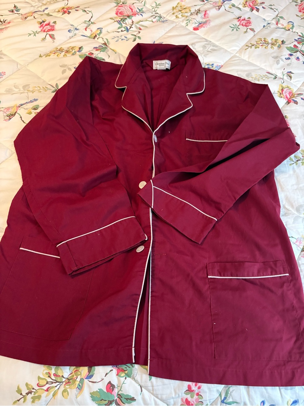 Vintage Burgundy Pajama-Style Top with White Piping